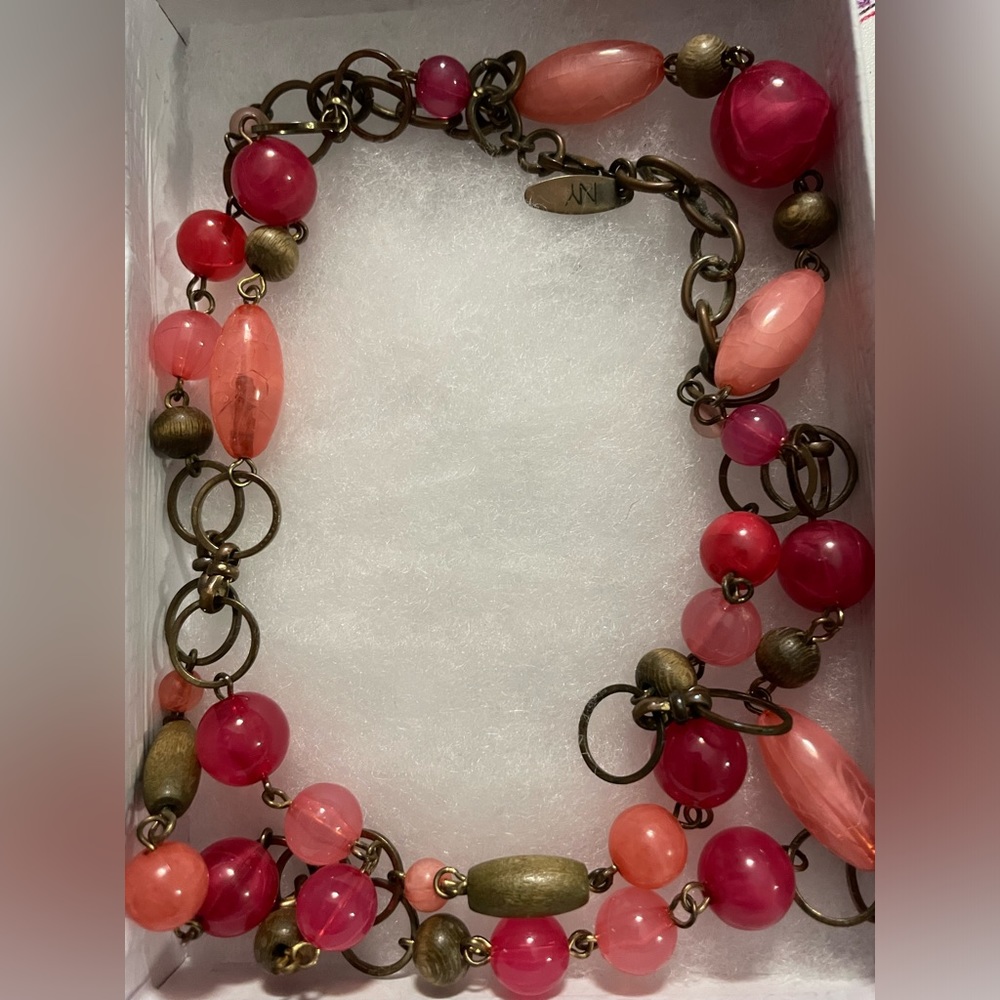 NY long pink beaded chain necklace